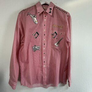 Vintage Mardel Striped Button-Up Shirt Large Musical Embroidery Handcrafted New